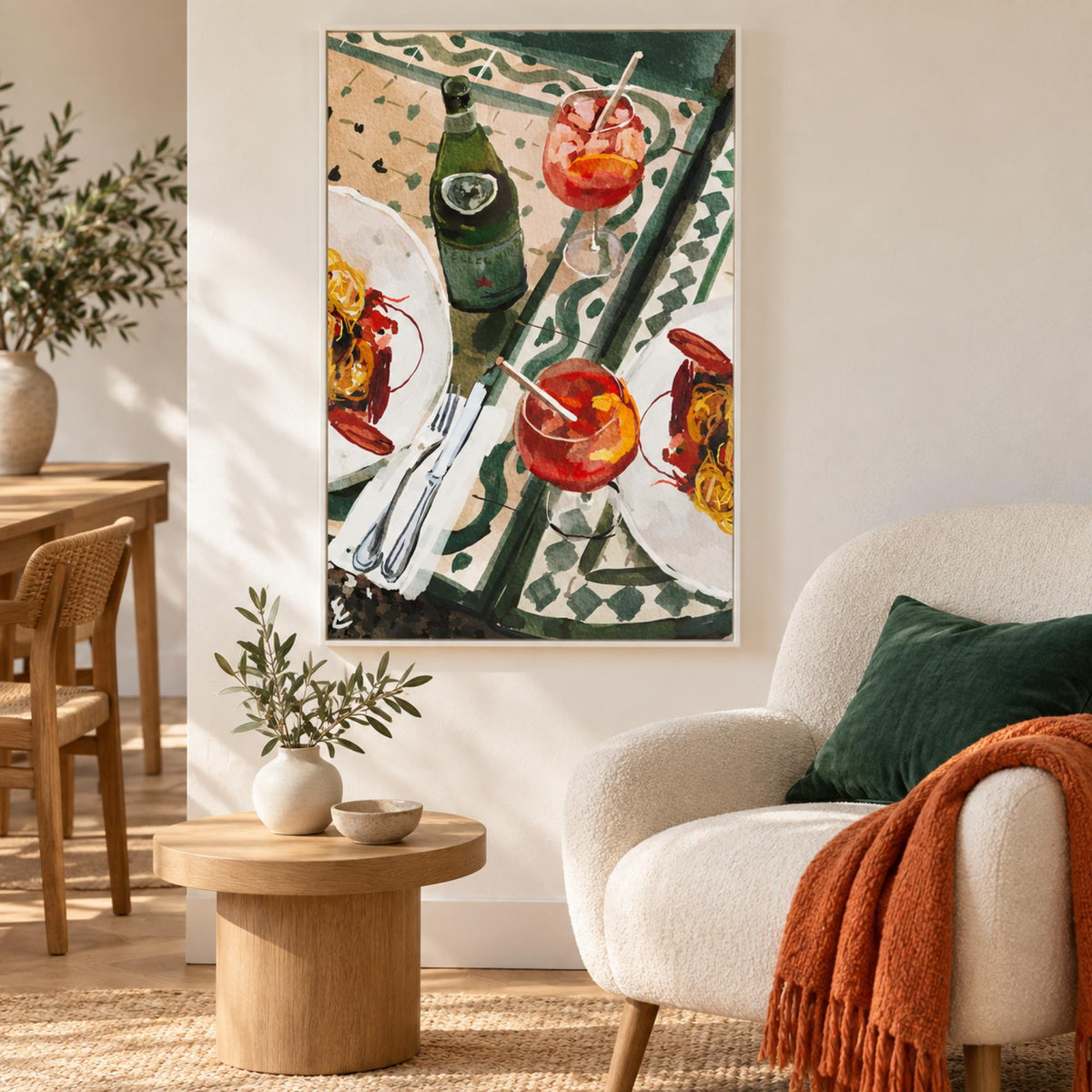 Frutti Di Mare & Aperol Spritz wall art in a bright contemporary dining nook
