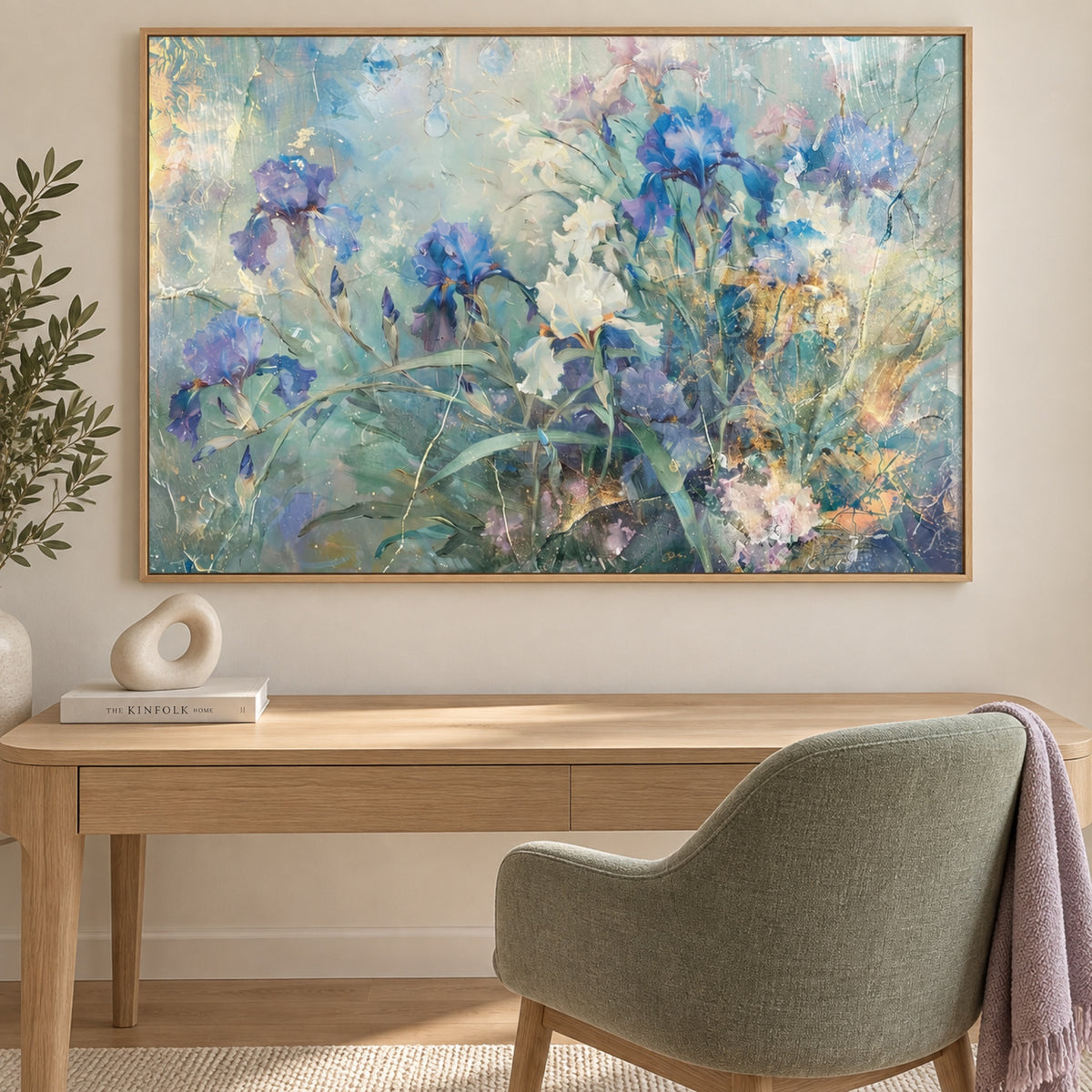 Dreamy Blue Irises in a natural oak frame above a light oak study desk with a sage chair and lilac throw.