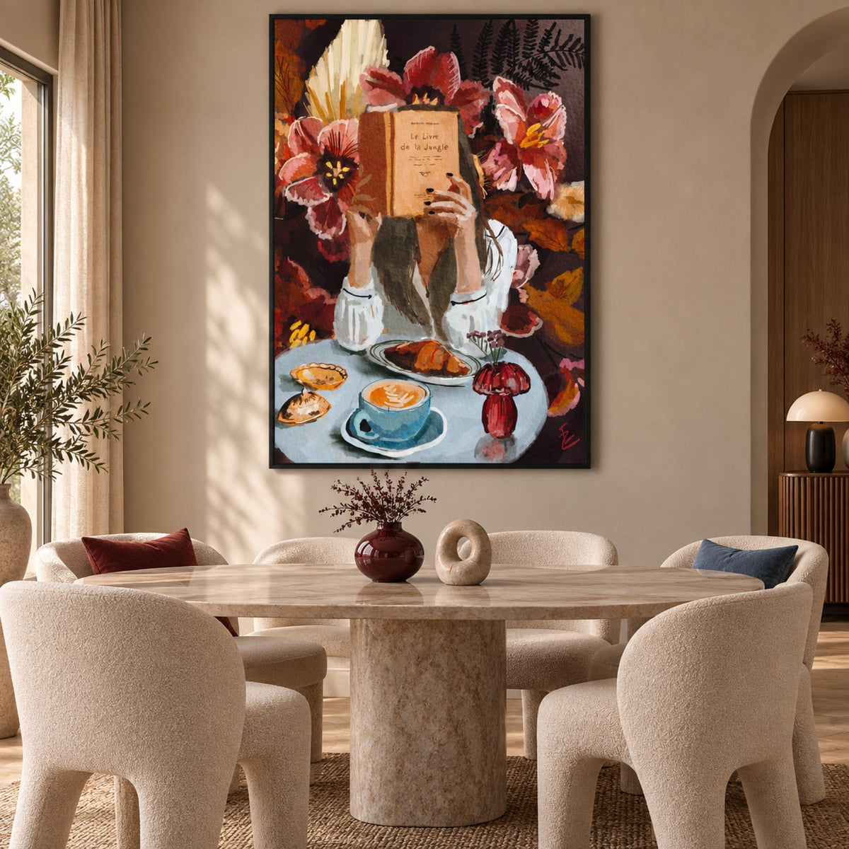 girl with jungle book by Ekaterina Zagorska in a black floating frame above a contemporary dining table.