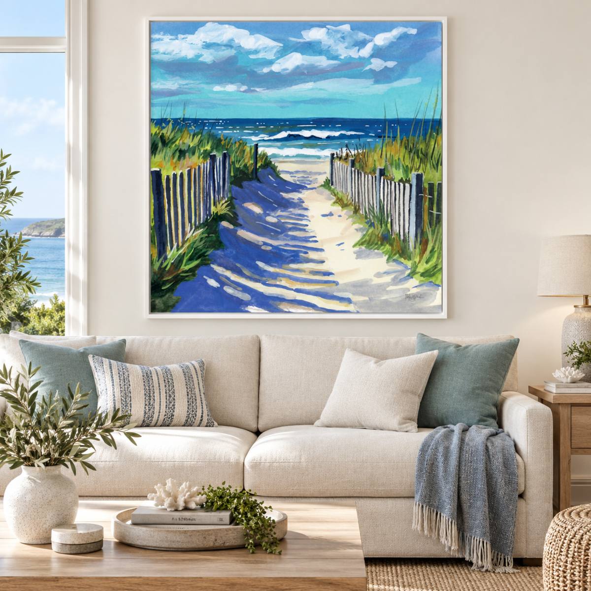 Grassy Path To The Beach, Style A in a white floating frame above a contemporary coastal sofa