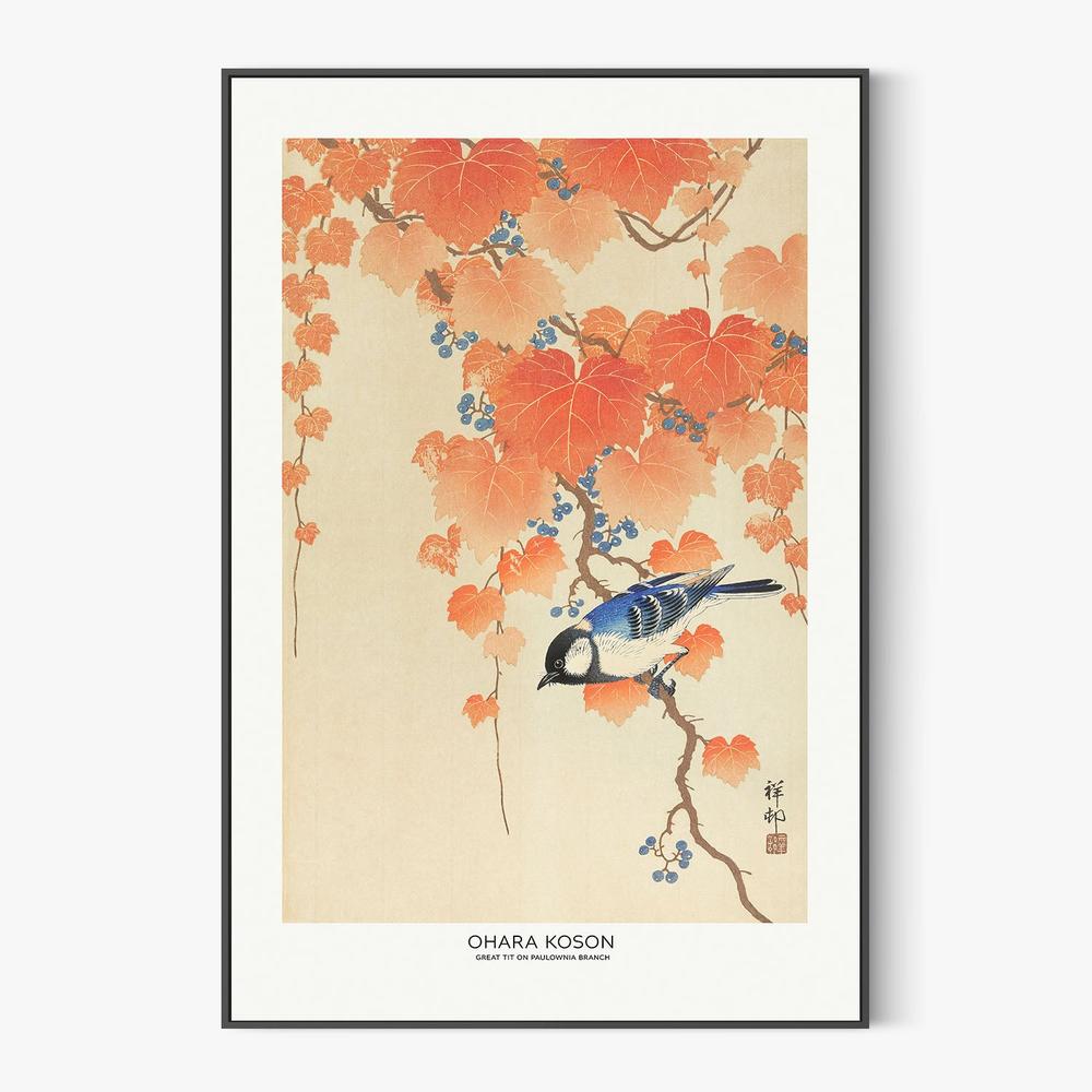 Great Tit On Paulownia Branch-by-Ohara Koson-wall-art-print-canvas-poster-framed-Gioia