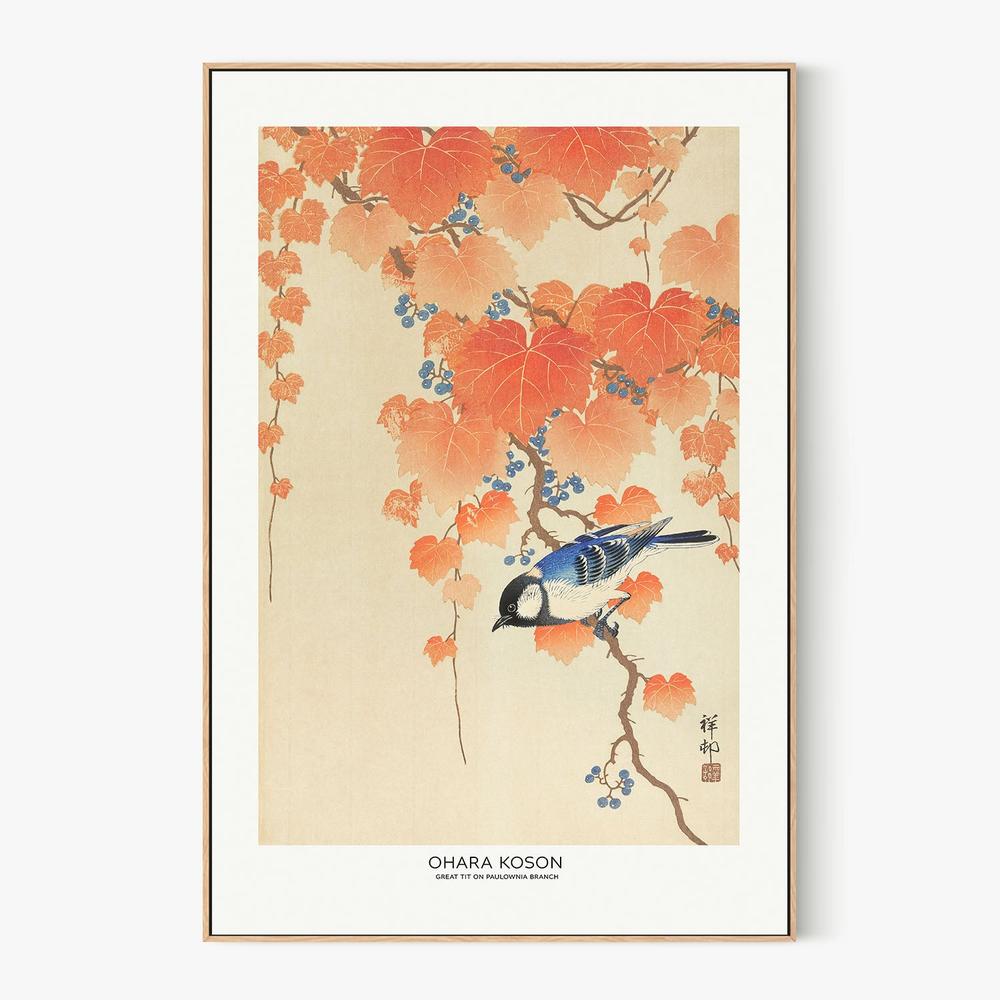 Great Tit On Paulownia Branch-by-Ohara Koson-wall-art-print-canvas-poster-framed-Gioia