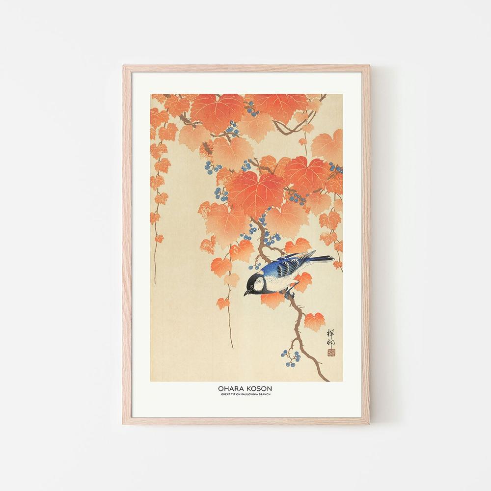 Great Tit On Paulownia Branch-by-Ohara Koson-wall-art-print-canvas-poster-framed-Gioia