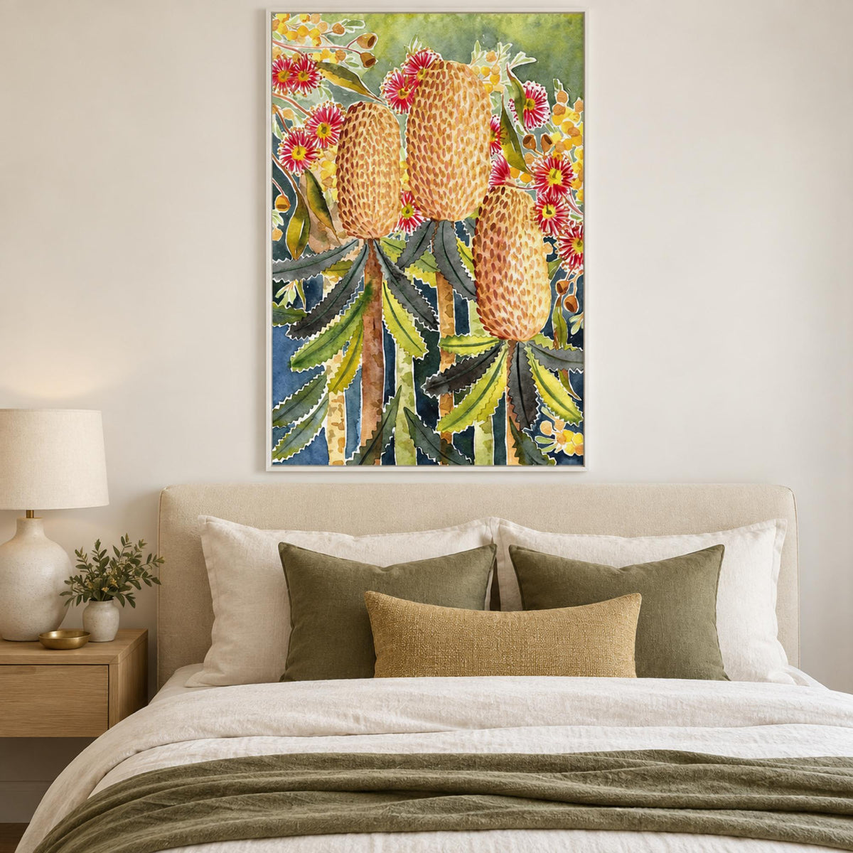 Green Banksia Bunch wall art styled in a fresh contemporary bedroom