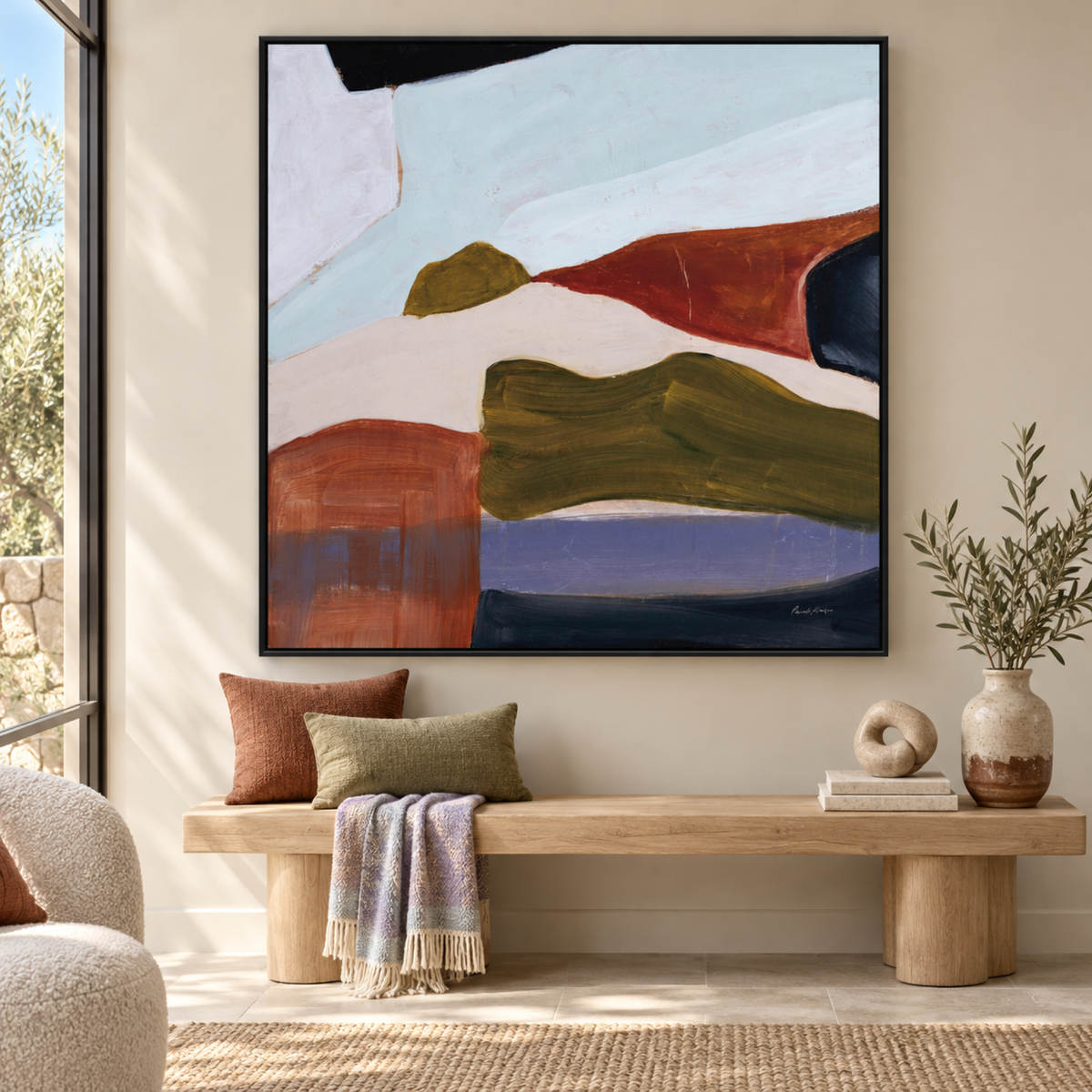 Habitation by Pamela Munger in a black floating frame above a contemporary oak bench.
