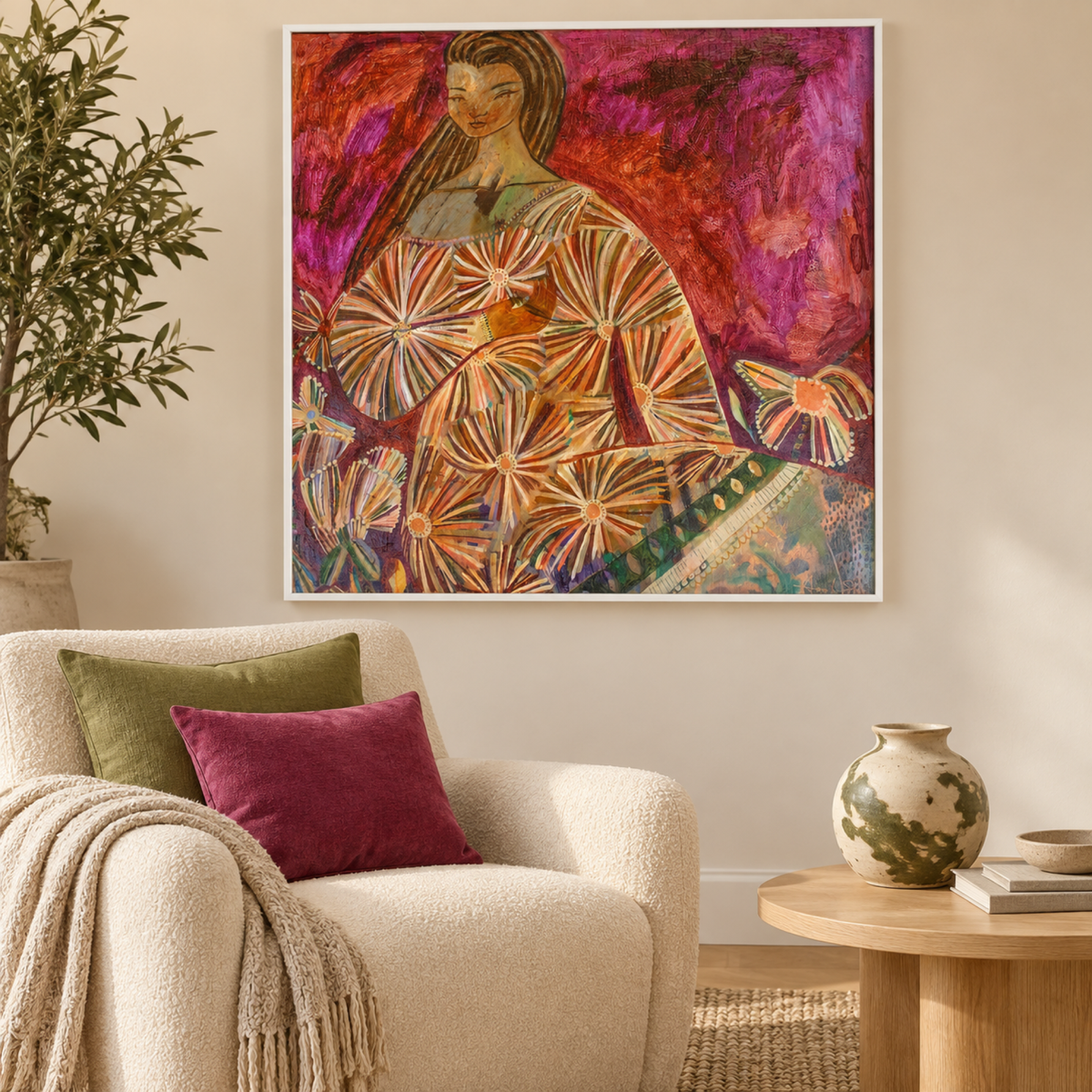 Hand on Heart artwork in a warm contemporary reading corner