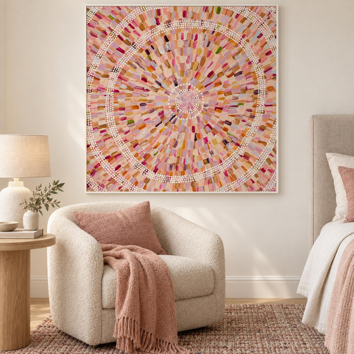 Home wall art styled in a bright cozy bedroom corner