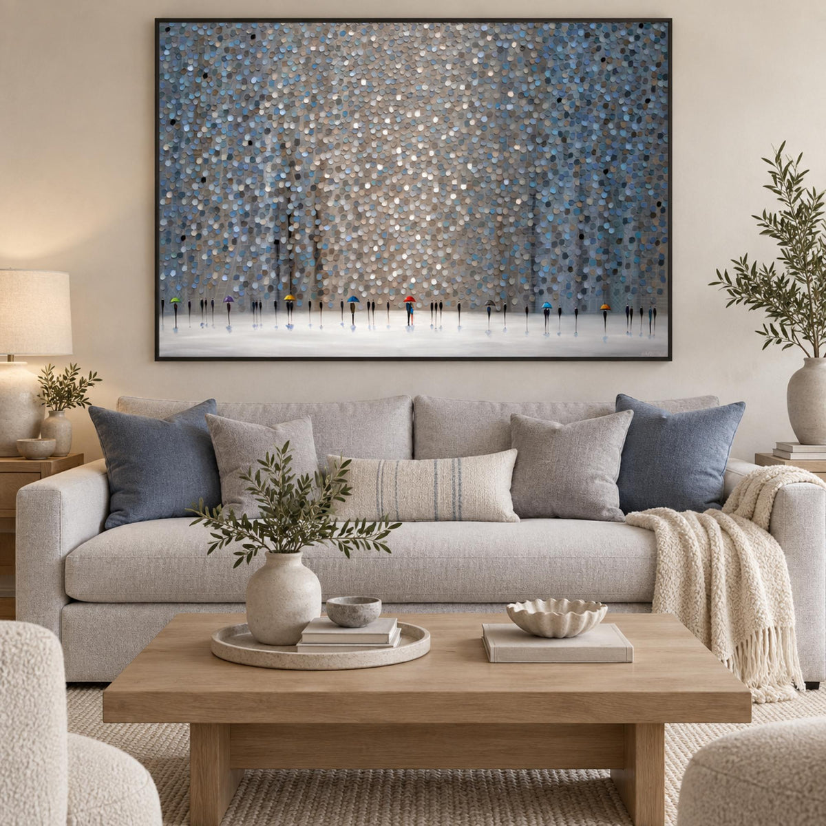 Infinity Rain wall art centred above a light grey sofa