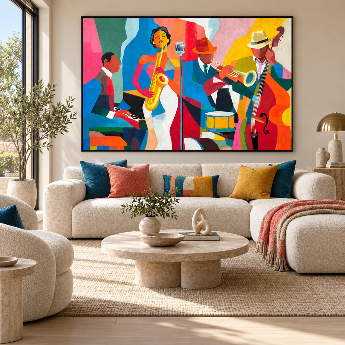 Jazz Fever in a black floating frame above a contemporary neutral sofa