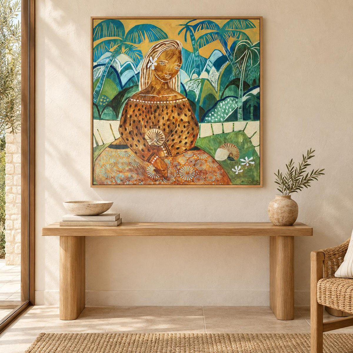 Kailani by Amanda Skye in an oak floating frame above a timber console in a warm coastal entryway.