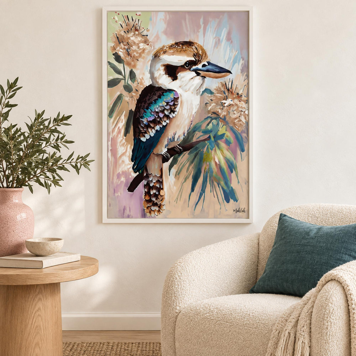 Kookaburra Bloom wall art styled in a light contemporary cozy corner