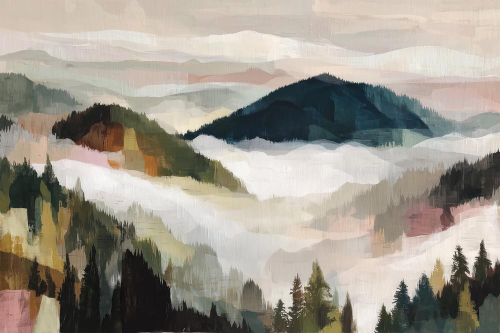 Layered Mountain Valley with Pine Trees-by-Jordão de Abreu-wall-art-print-canvas-poster-framed-Gioia