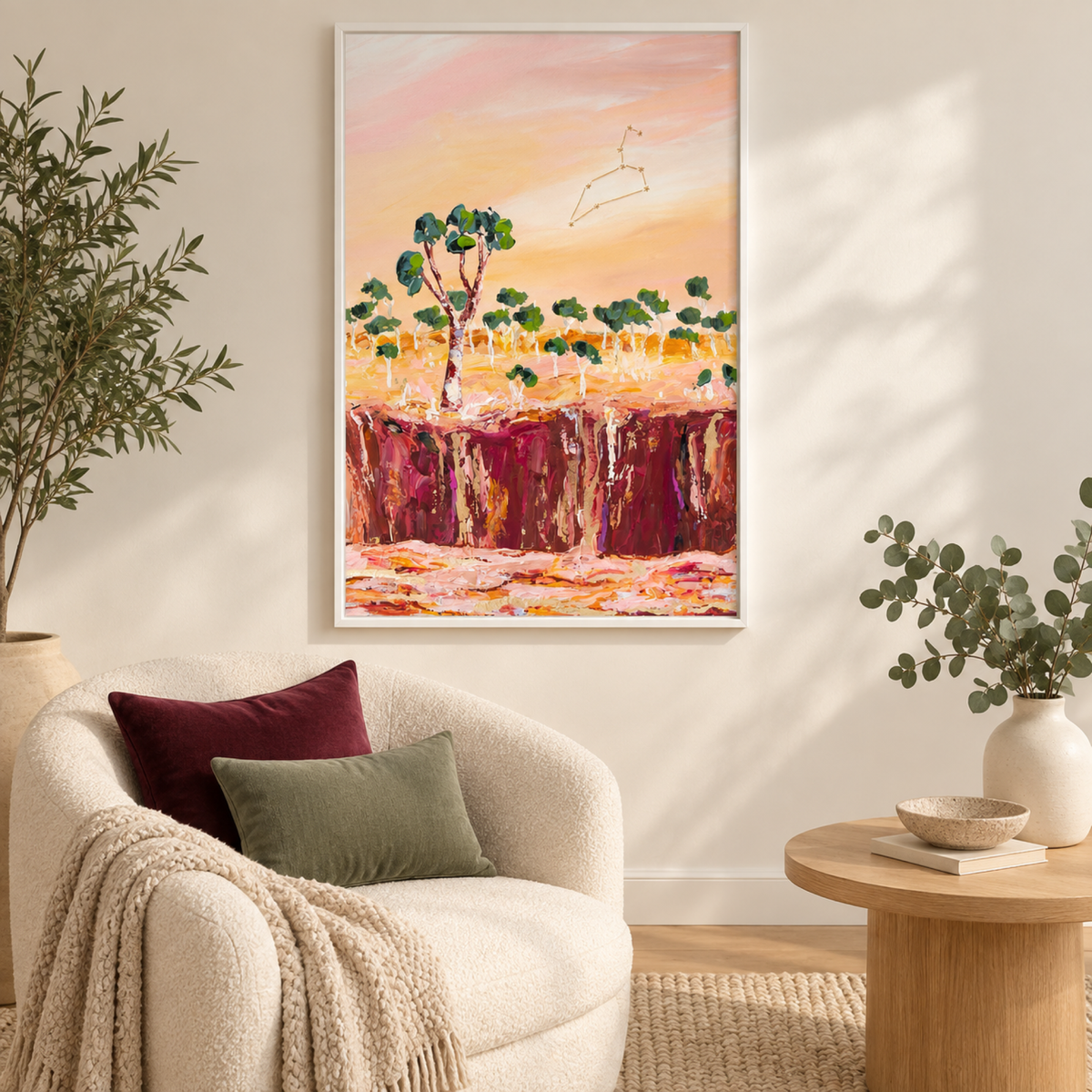Leo wall art in a warm contemporary reading corner