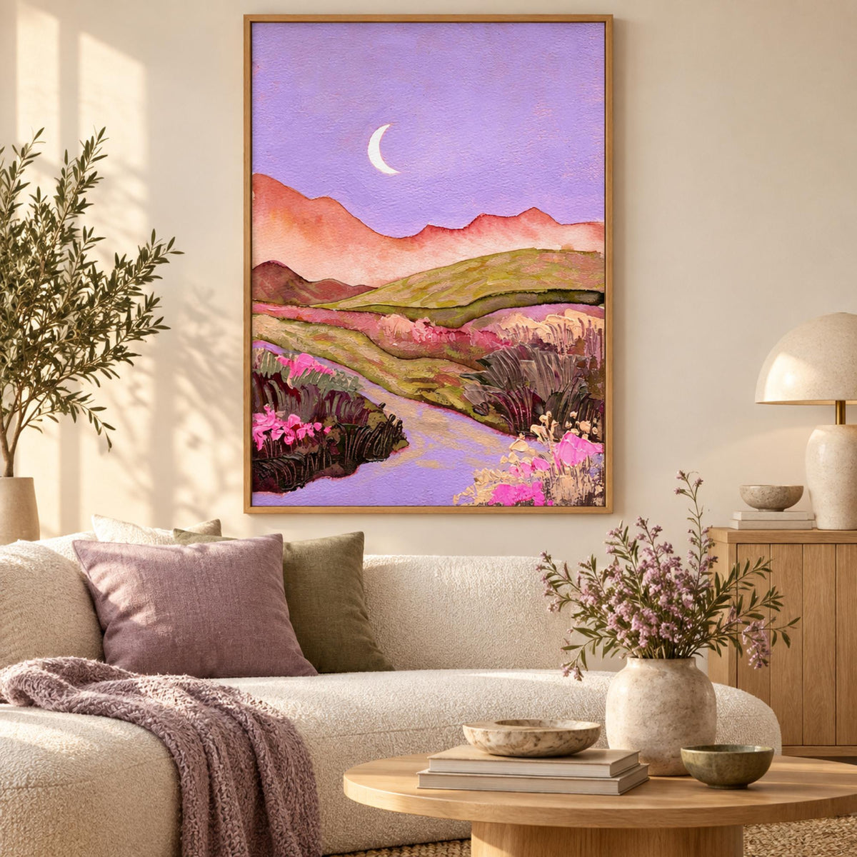 Lilac Sky wall art styled in a tranquil contemporary living room with no mat border