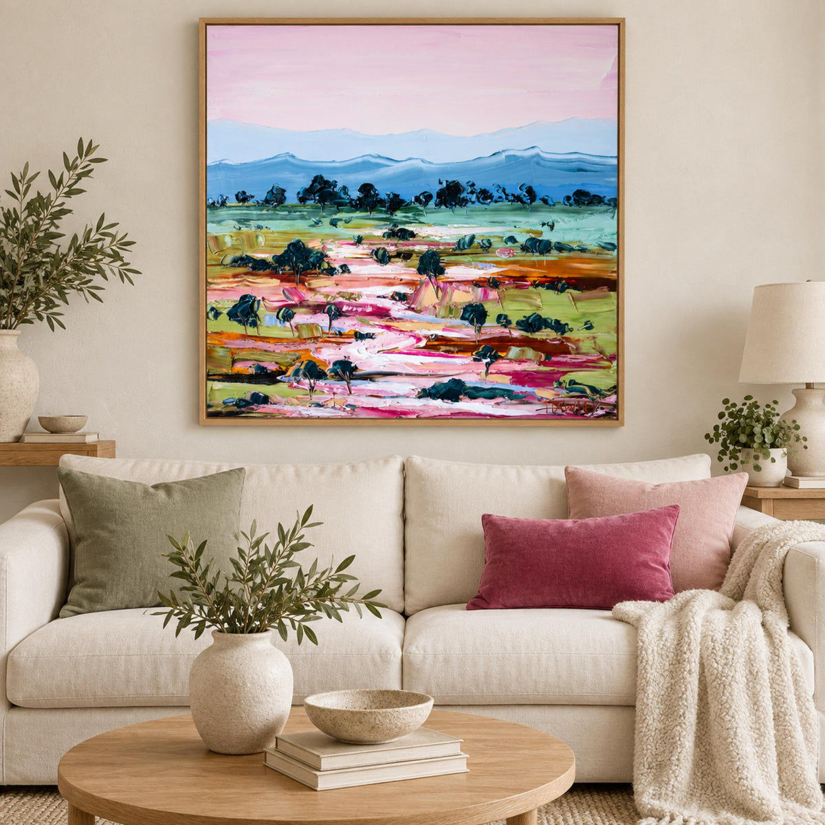 Magenta River Style A wall art above a light cream sofa
