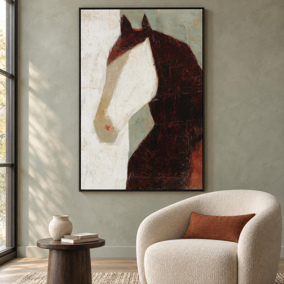 Minimalist Horse Portrait by Jordão de Abreu in a black floating frame above a cream chair in a contemporary reading corner.