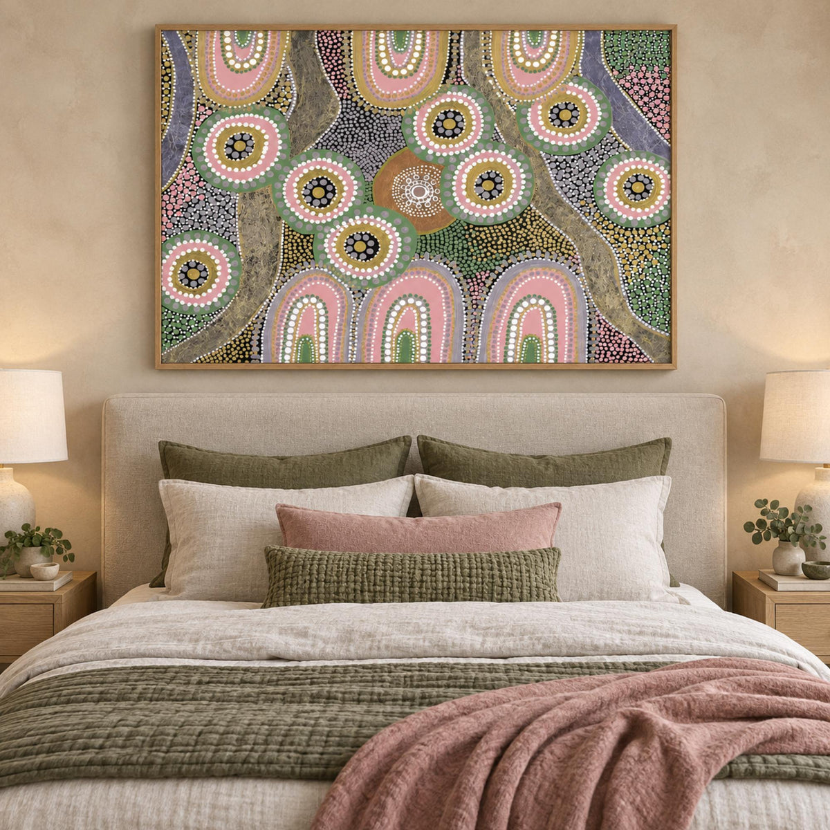 Mothers Love Style B wall art centred above a calm contemporary bedhead