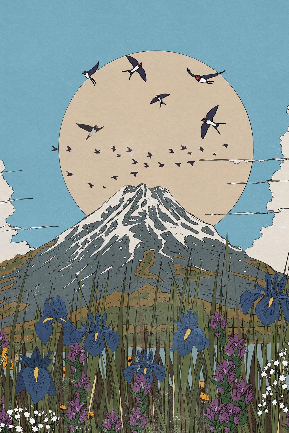 Mount Fuji Swallows Irises-by-Nicholas-wall-art-print-canvas-poster-framed-Gioia