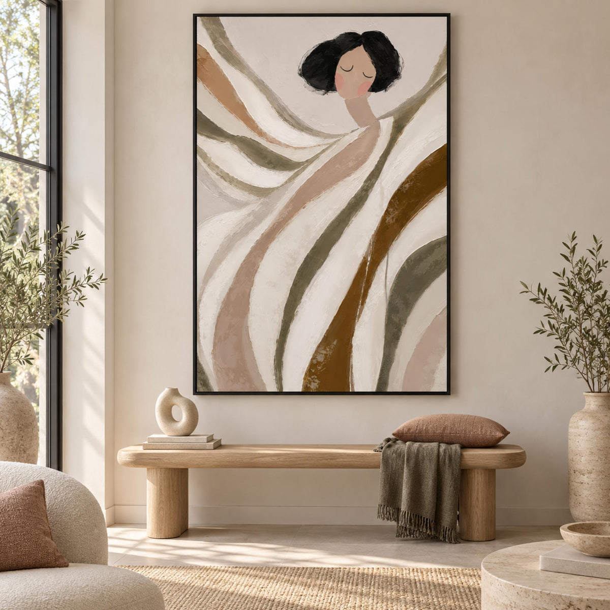 Mrs Joy by Bella Eve in a black floating frame above a contemporary pale-oak bench.