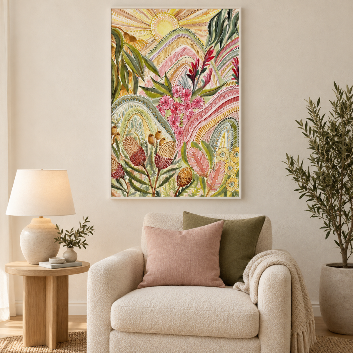 Native Rainbow, Style A wall art styled in a contemporary reading corner