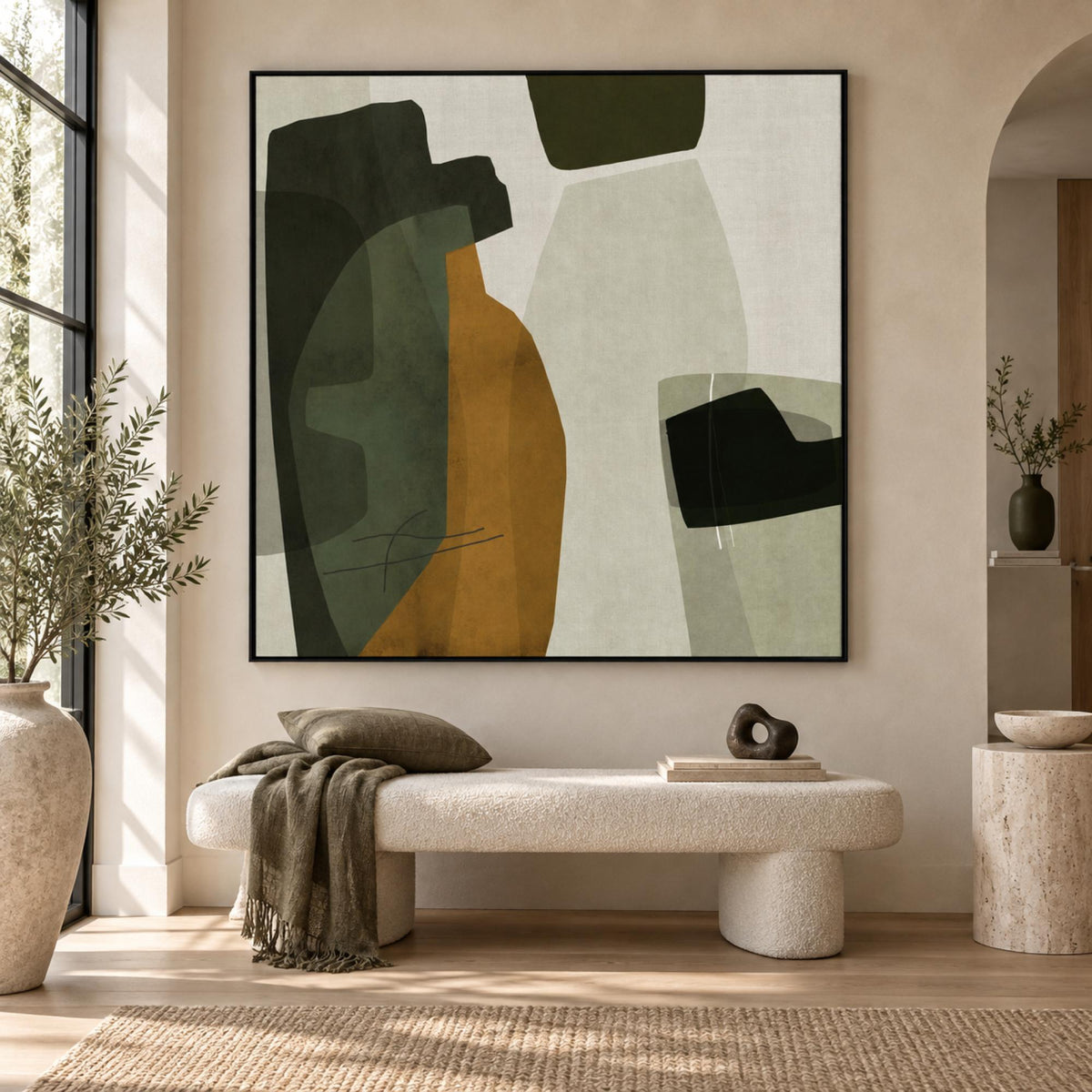 Natural abstract artwork in a black floating frame above a contemporary bench