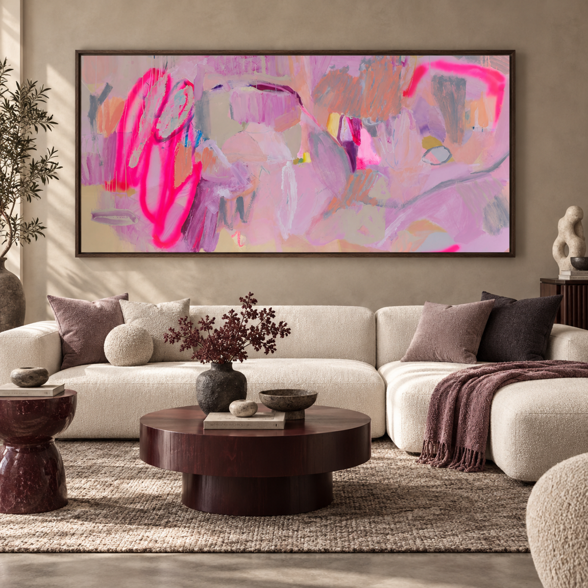 Neon Reverie wall art styled in a polished eclectic living room with no mat border