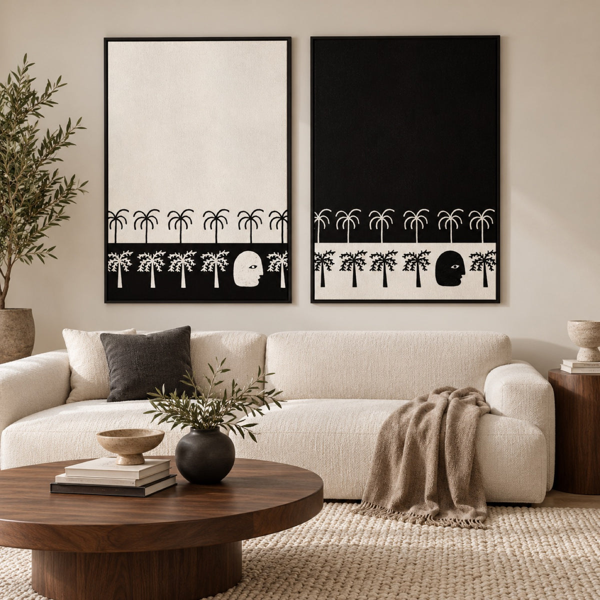 Nostalgia Style A and B set of two by Shatha Al Dafai in black frames above a cream sofa with walnut furniture.