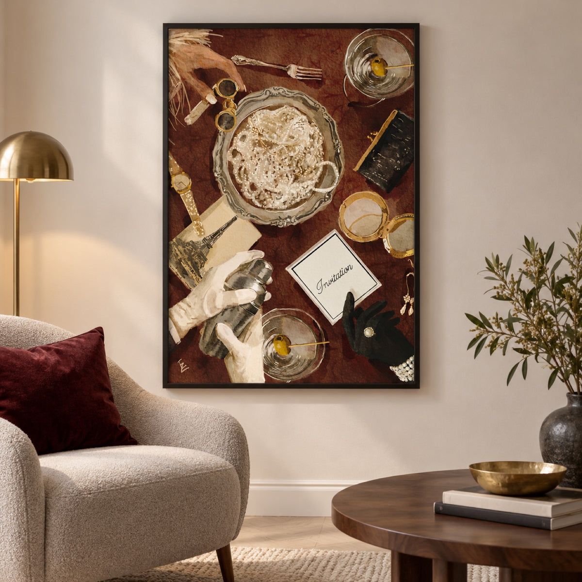 Opera Memories in a black frame beside a light armchair, with burgundy textiles, walnut furniture and brass accents.