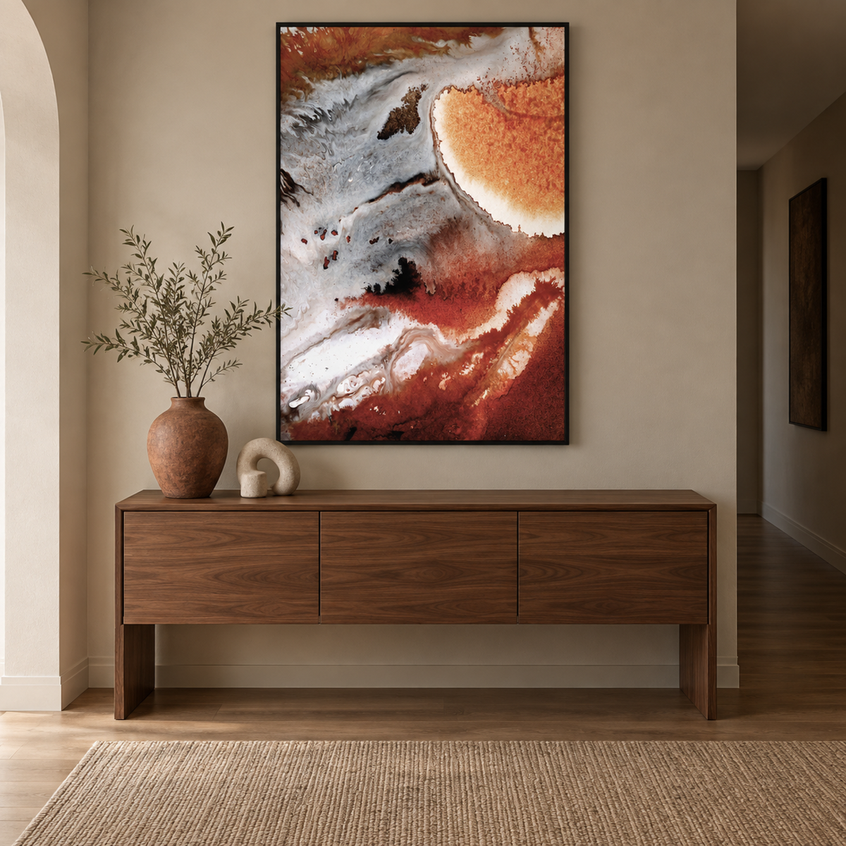 Outback abstract wall art above a walnut hallway console