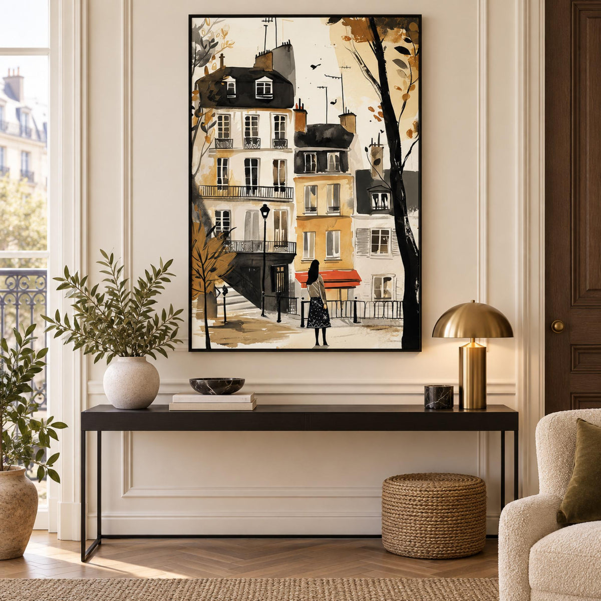 Paris wall art styled in an elegant contemporary apartment entry with no mat border