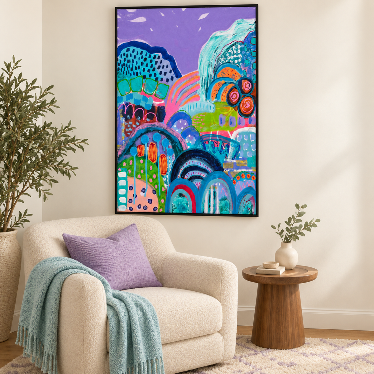 Party under Lavender Skies by Lindy Farley in a black frame above a cream chair with lavender and aqua textiles.