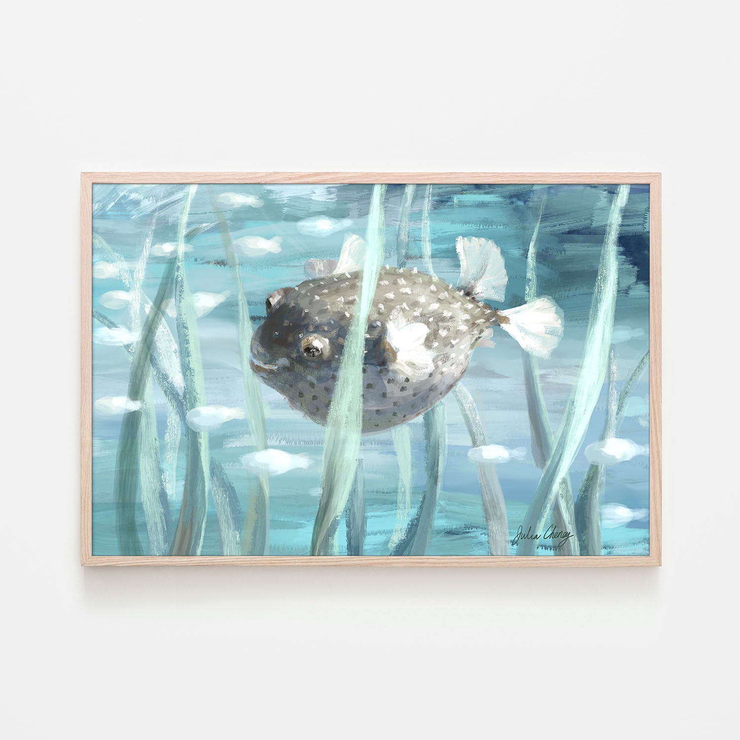 Pufferfish In Seagrass-by-Julia Cheney-wall-art-print-canvas-poster-framed-Gioia