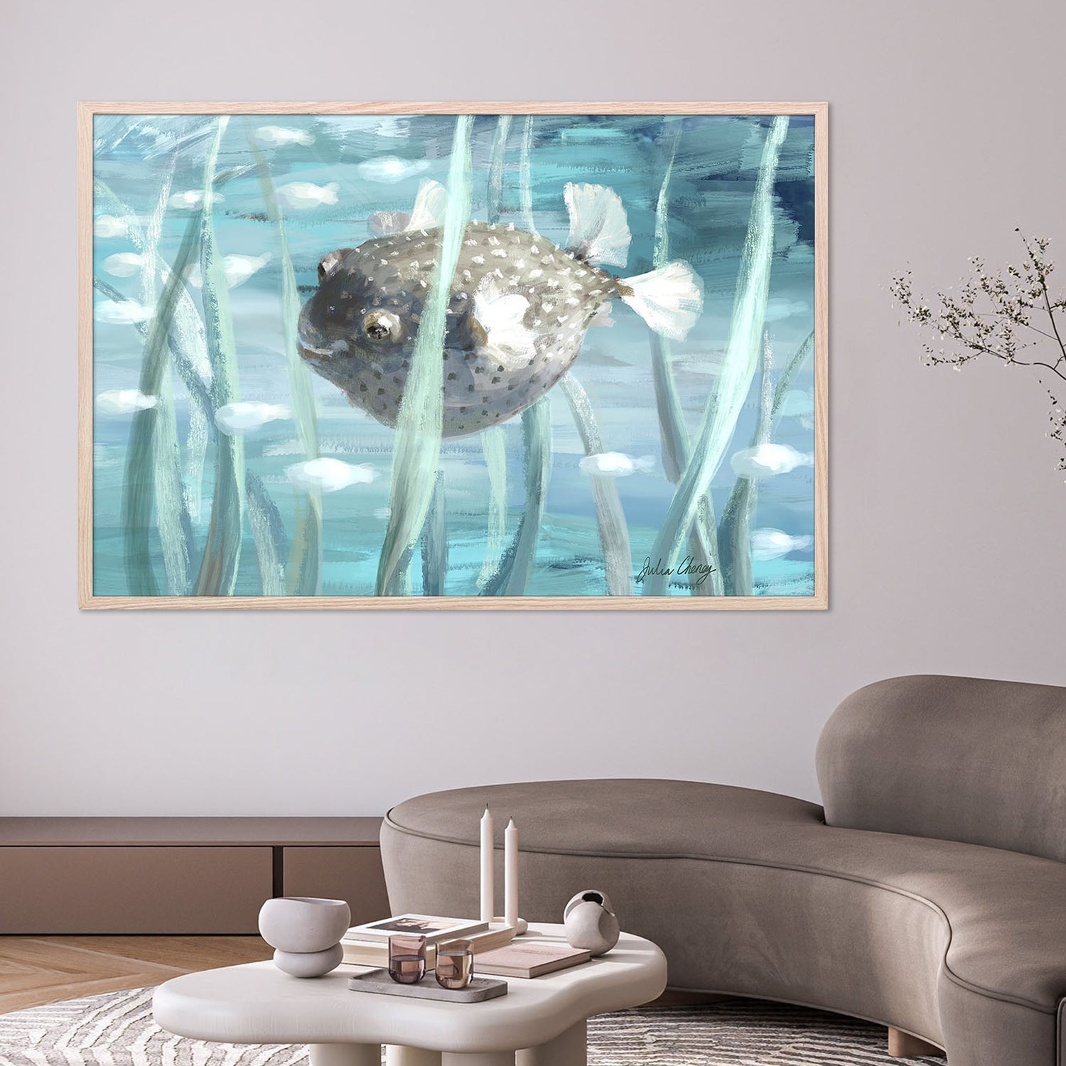 Pufferfish In Seagrass-by-Julia Cheney-wall-art-print-canvas-poster-framed-Gioia