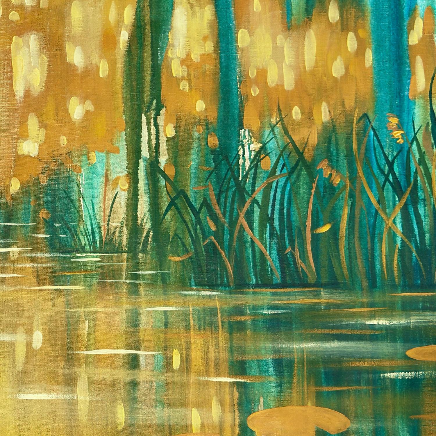 Golden-Emerald Forest Pond, Original Hand-painted Canvas by Ekaterina Prisich
