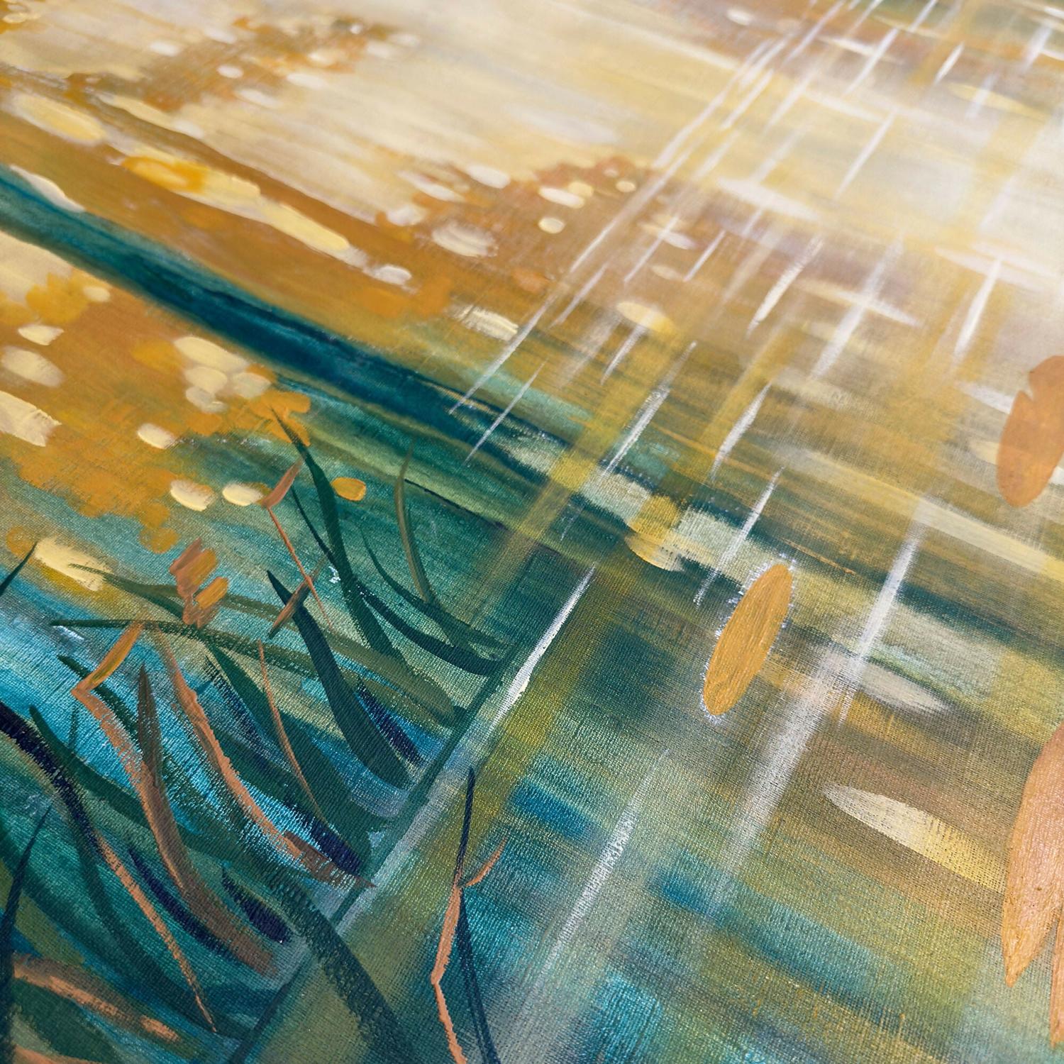 Golden-Emerald Forest Pond, Original Hand-painted Canvas by Ekaterina Prisich