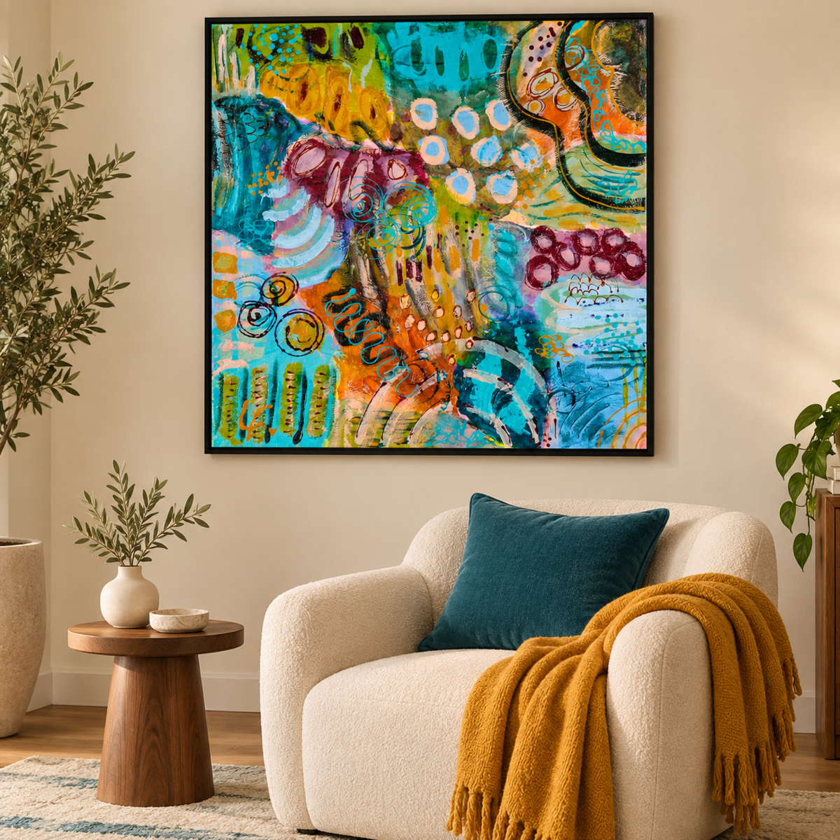 Reef Radiance by Lindy Farley in a black frame above a cream chair with teal and ochre textiles and walnut furniture.