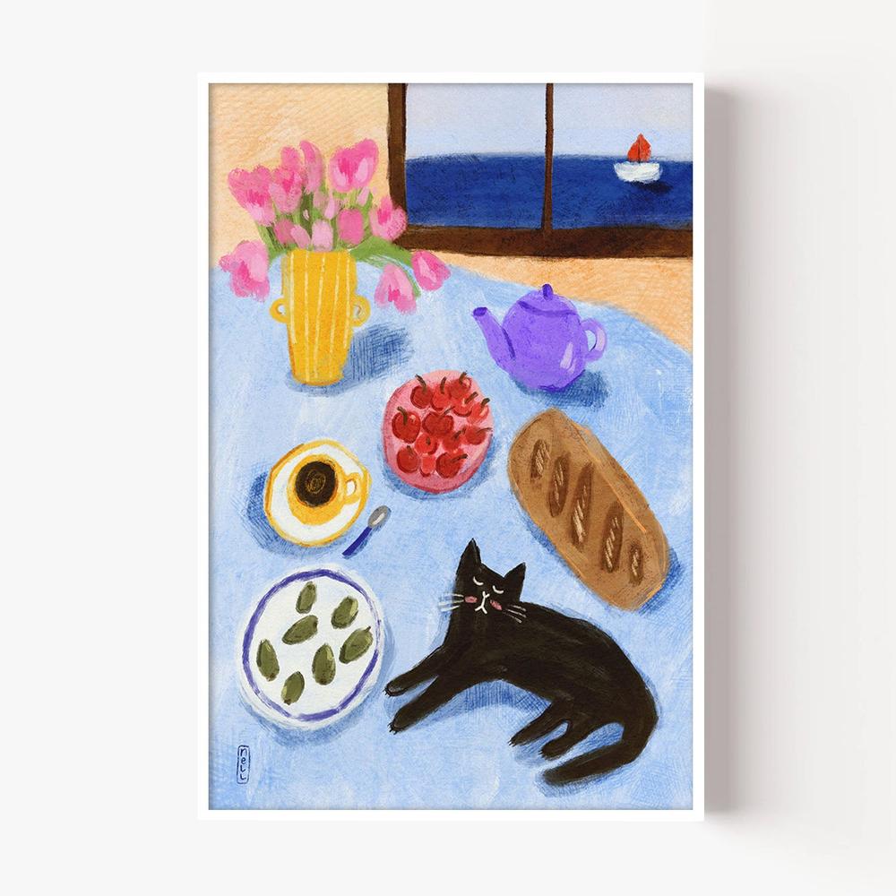 Relaxing Seaside Cat Breakfast-by-Dirkie Nell-wall-art-print-canvas-poster-framed-Gioia