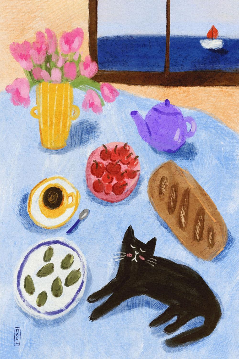 Relaxing Seaside Cat Breakfast-by-Dirkie Nell-wall-art-print-canvas-poster-framed-Gioia