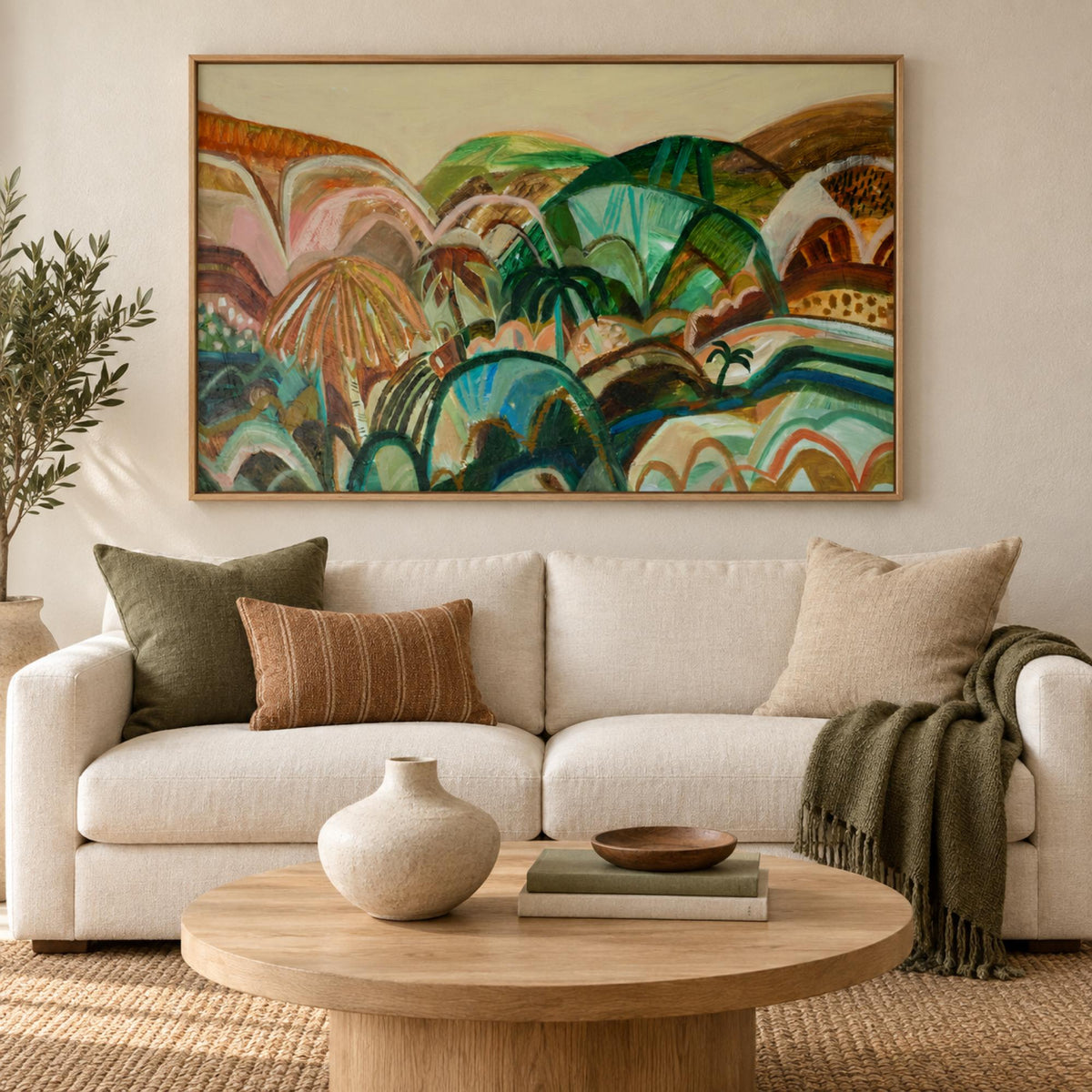 Roam Exclusive to Gioia wall art centred above a warm contemporary sofa