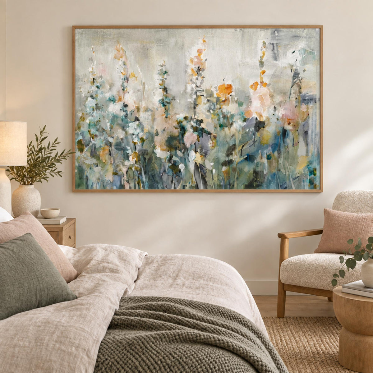 Rustic Garden Neutral wall art styled in a calm contemporary bedroom with no mat border