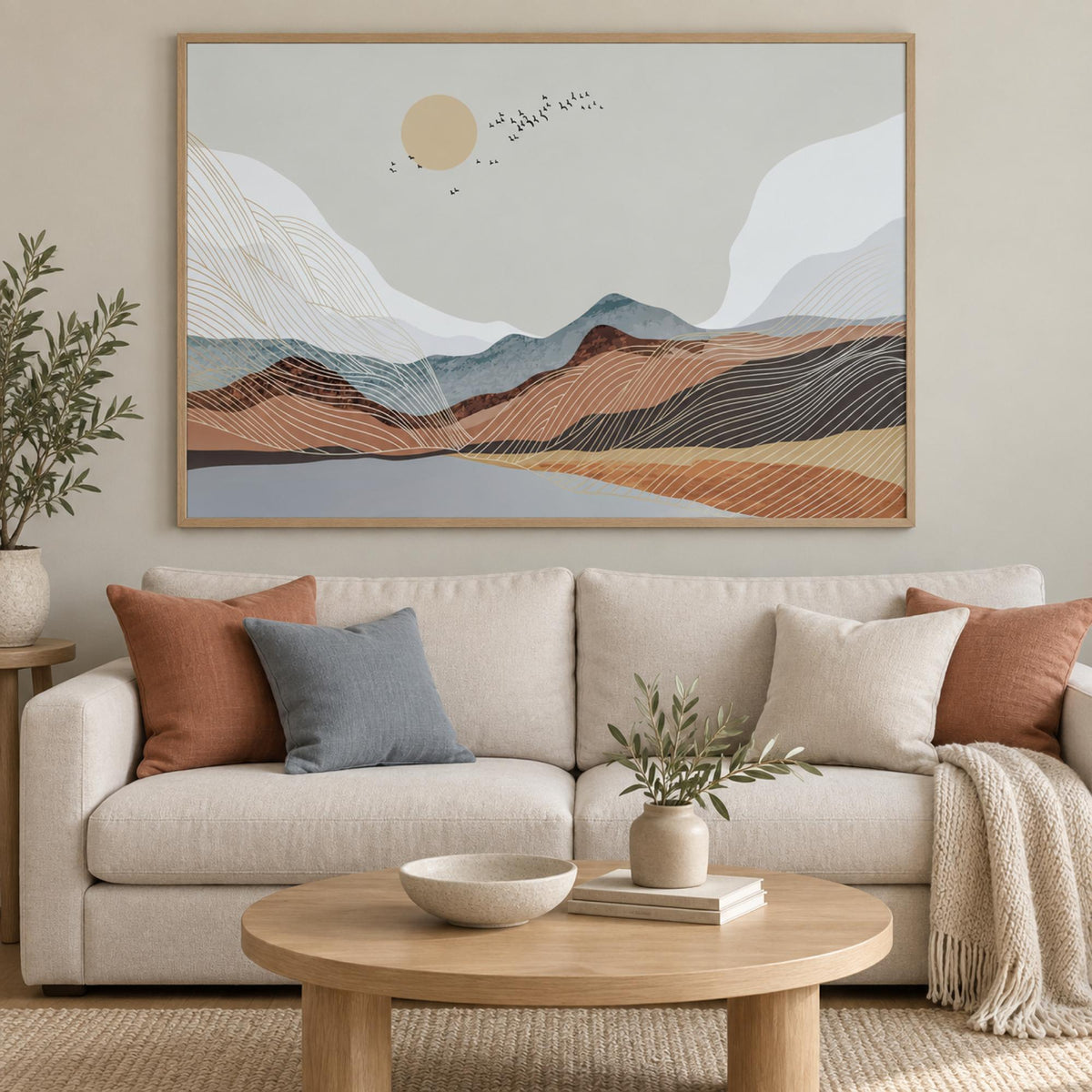 Scandinavian Skies, Style B wall art styled in a Scandinavian living room