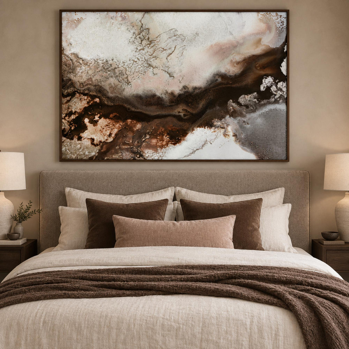 Sepia Serendipity wall art centred above a warm upholstered bedhead