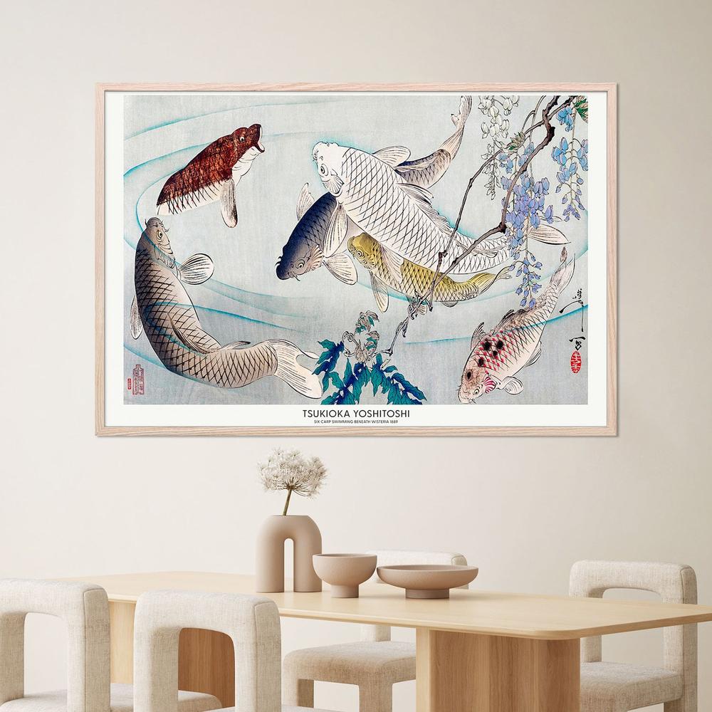 Six Carp Swimming Beneath Wisteria (1889)-by-Tsukioka Yoshitoshi-wall-art-print-canvas-poster-framed-Gioia