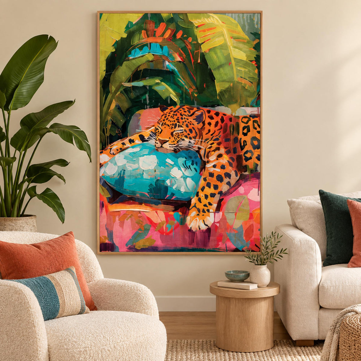 Sleeping Leopard wall art in a cosy contemporary living room