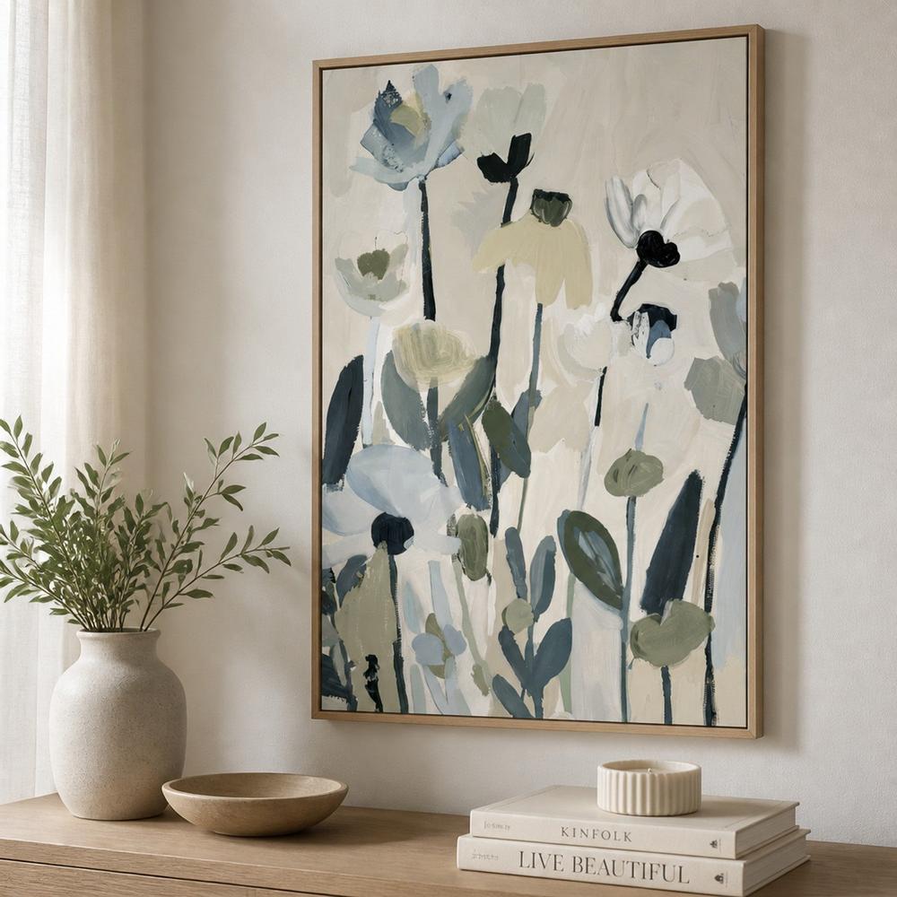 Soft Abstract Blooms With Stems, Green and Blue-by-Stephanie Jeuffroy-wall-art-print-canvas-poster-framed-Gioia