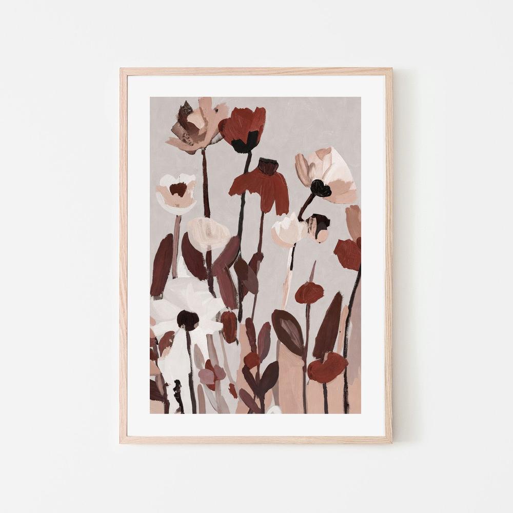 Soft Abstract Blooms With Stems, Neutral Brown and Burgundy-by-Stephanie Jeuffroy-wall-art-print-canvas-poster-framed-Gioia