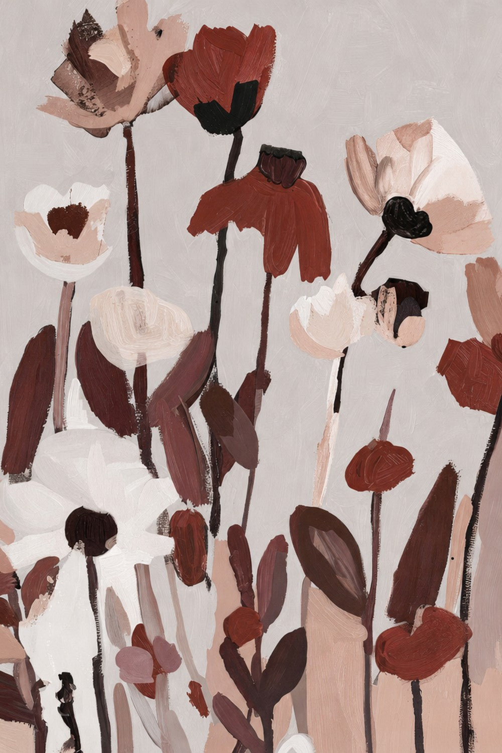 Soft Abstract Blooms With Stems, Neutral Brown and Burgundy-by-Stephanie Jeuffroy-wall-art-print-canvas-poster-framed-Gioia