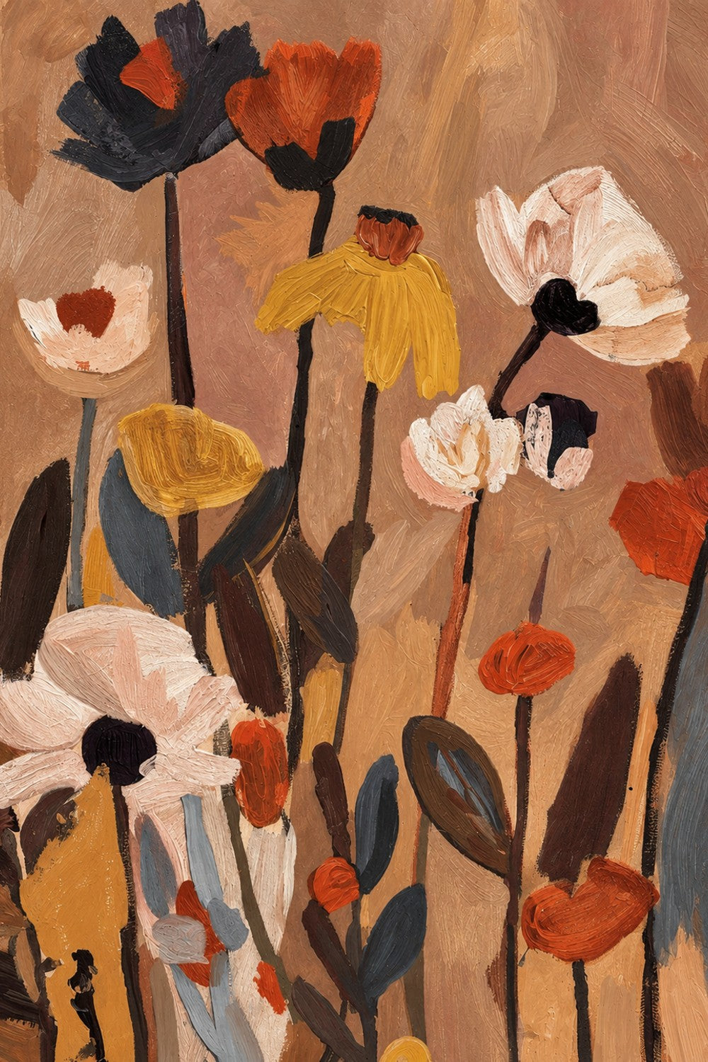 Soft Abstract Blooms With Stems, Warm Brown-by-Stephanie Jeuffroy-wall-art-print-canvas-poster-framed-Gioia