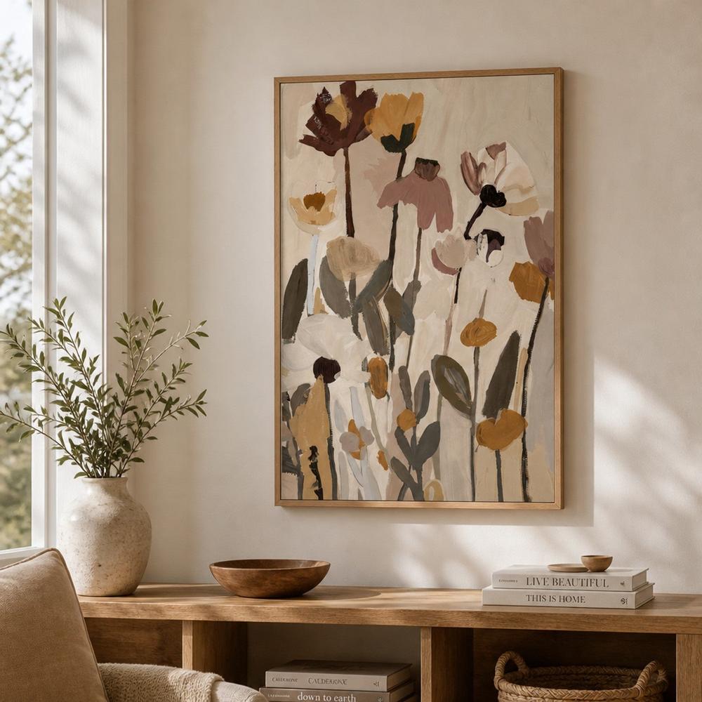 Soft Abstract Blooms With Stems, Warm Neutral-by-Stephanie Jeuffroy-wall-art-print-canvas-poster-framed-Gioia