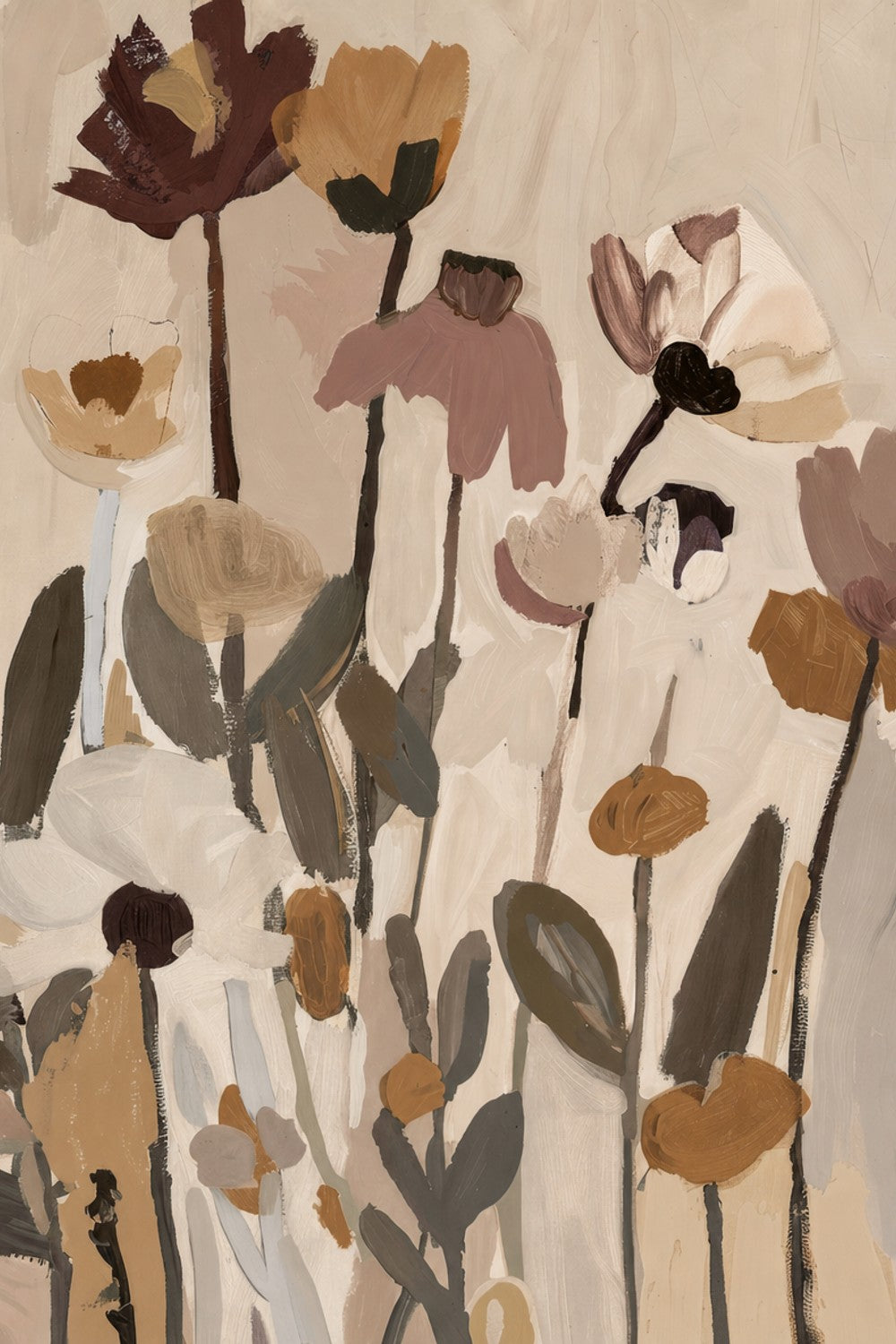 Soft Abstract Blooms With Stems, Warm Neutral-by-Stephanie Jeuffroy-wall-art-print-canvas-poster-framed-Gioia